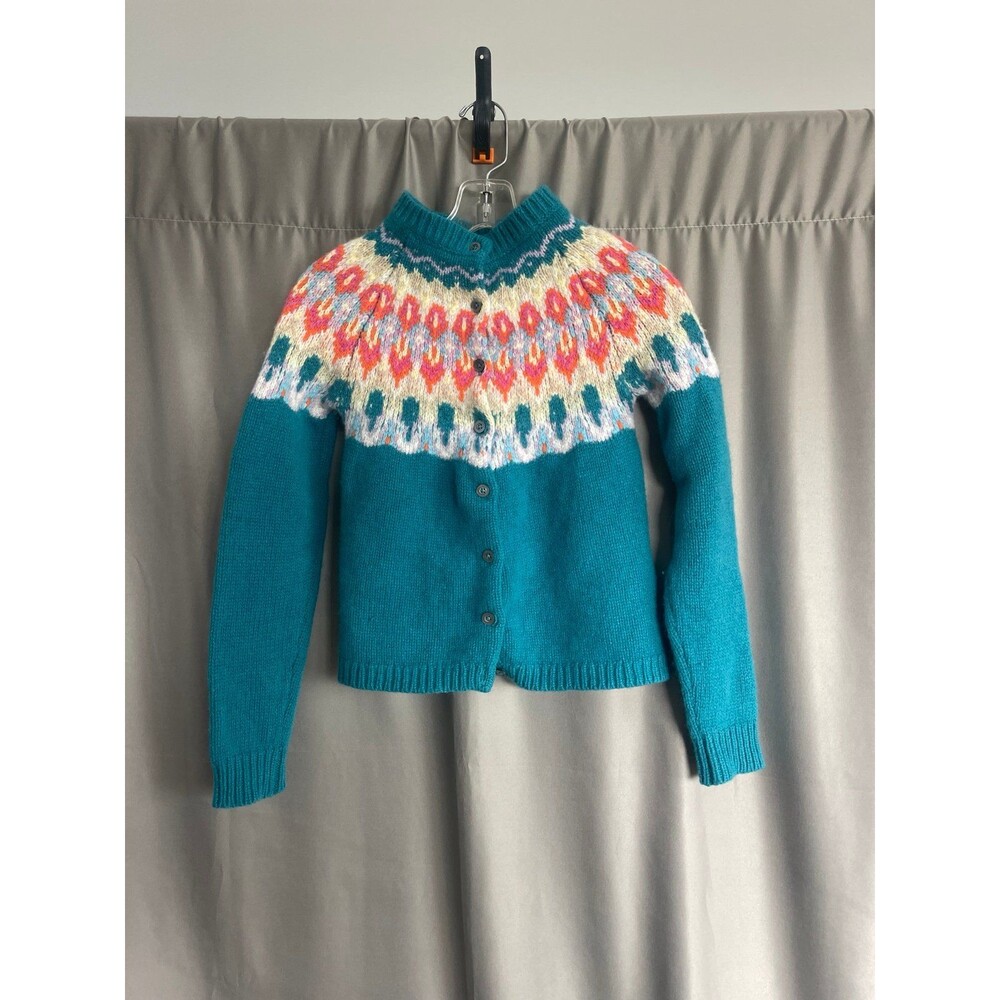 Teal Fair Isle Wool Cardigan Sweater
